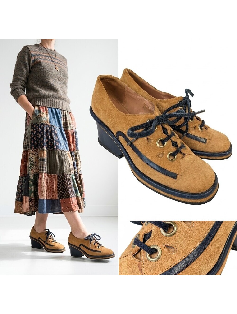 Chunky 1960s Women Heeled Oxfords Heritage Brown US 7 Boho